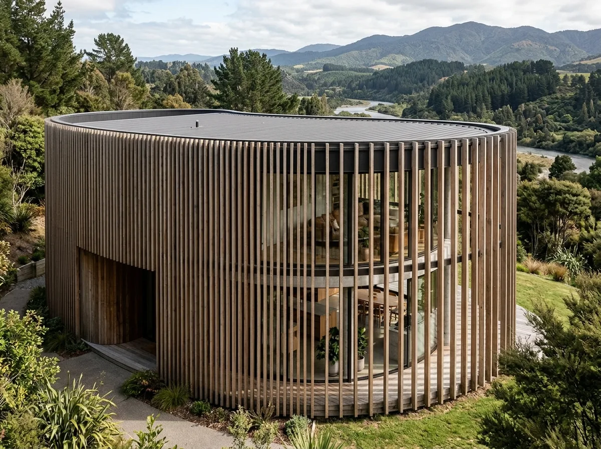 Curved Timber Louvers: Vertical Elements Forming a Curved Surface