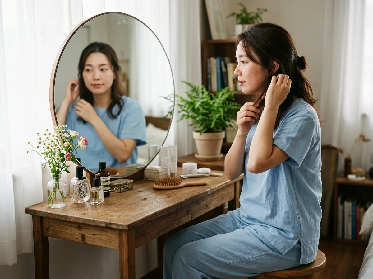 Tidying Hair at the Vanity