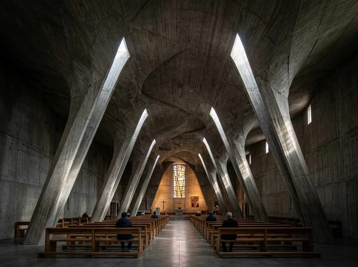 Nave of a Church with a Twisted Shell: Inclined Columns and Rhomboidal Ribs