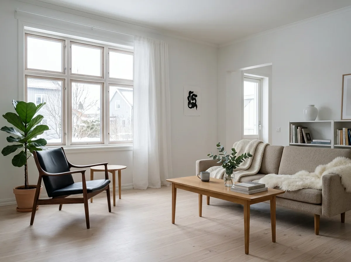 Nordic Living Room: Light Wood, White Walls, and Maximized Natural Light