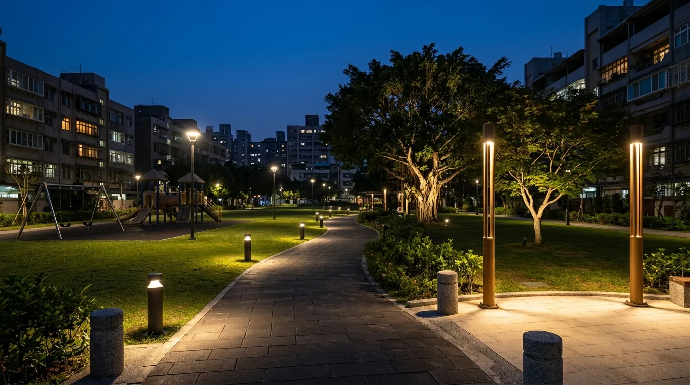 公園の夜間照明：安全な視線と低グレア設定