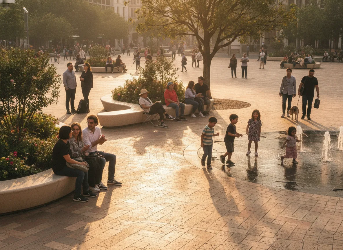 Urban Plaza Pulse: Diverse Interaction and Flowing Light and Shadow