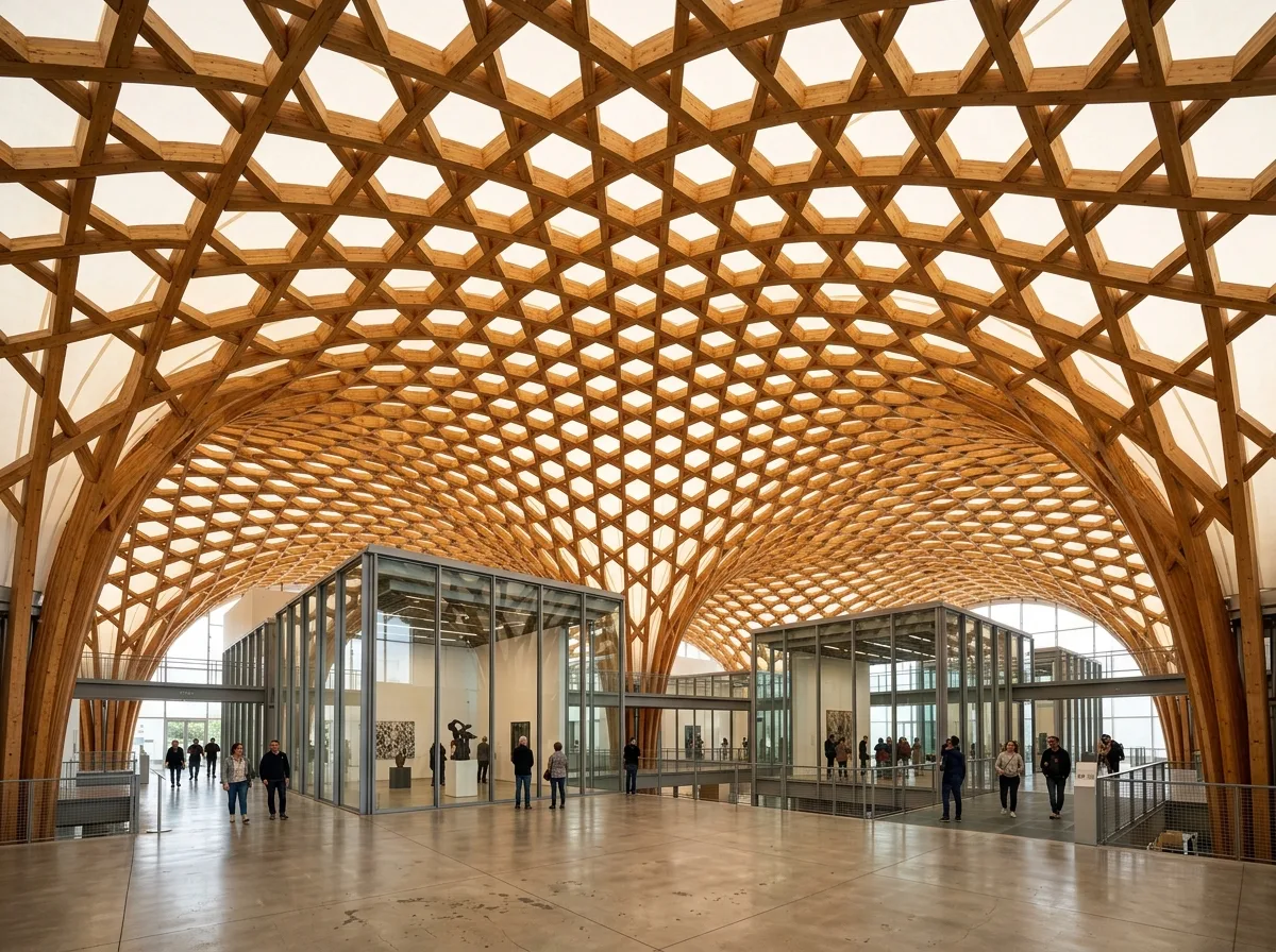 Museum Interior with Lattice Roof: Column-Free Spans and Translucent Membranes