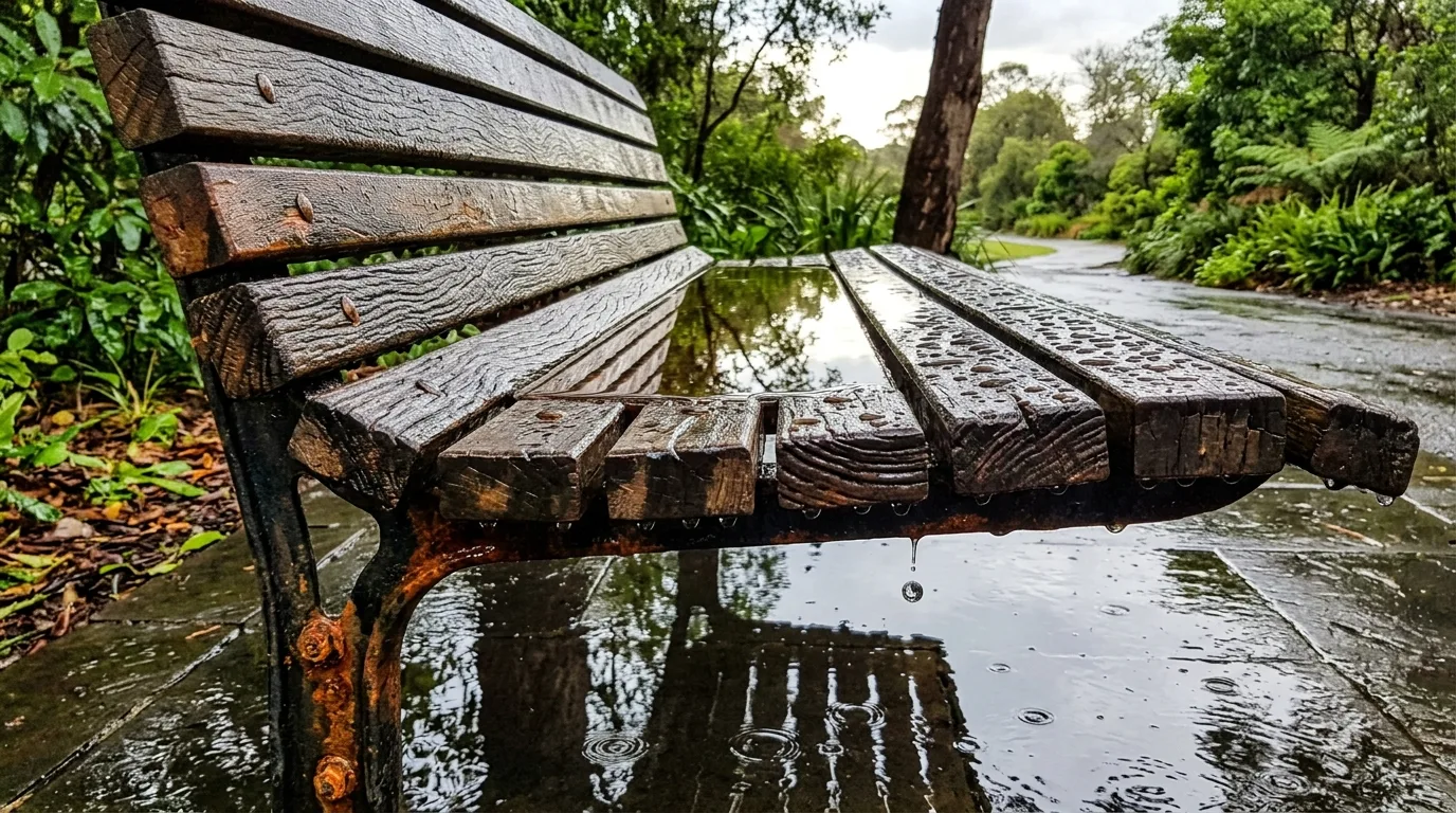 雨上がりの木目：水滴、ダークウッド、反射する床