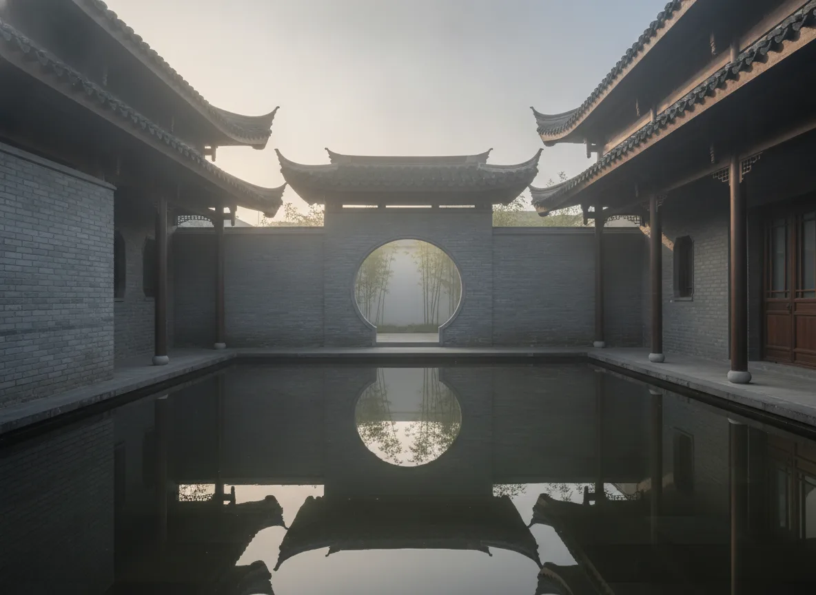 New Chinese Courtyard House · Moon Gate and Water Courtyard