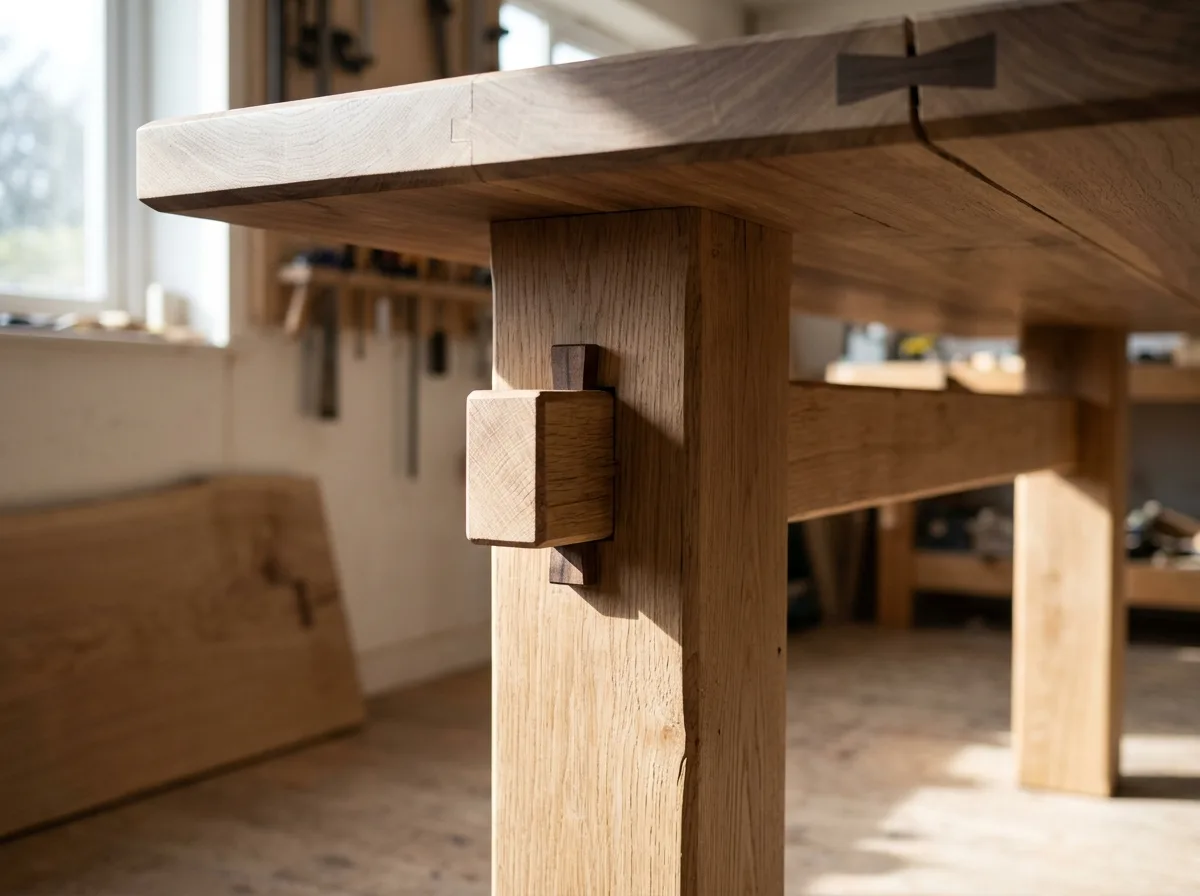 Solid Wood Dining Table: Visible Mortise and Tenon Joints