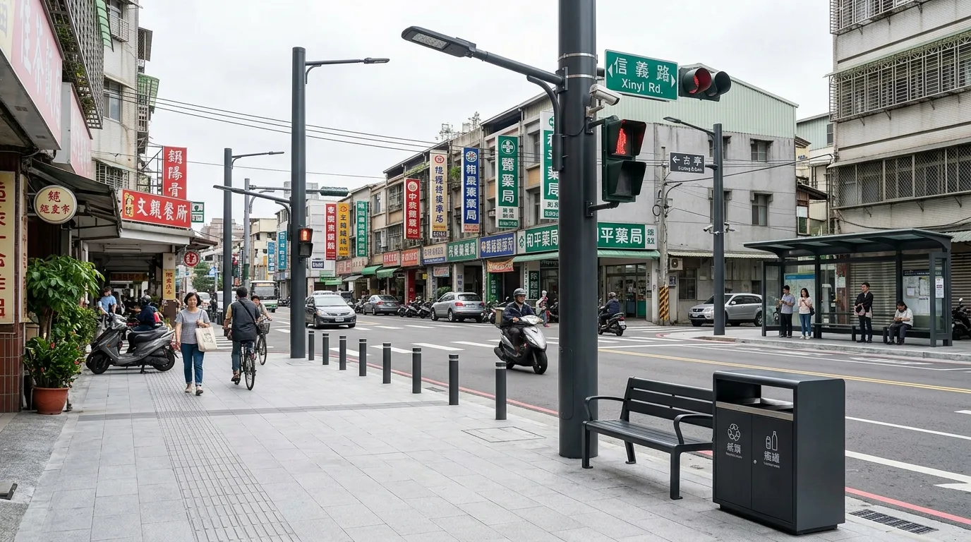 街路家具の統合：共架柱におけるポール設置型信号機とキャビネット