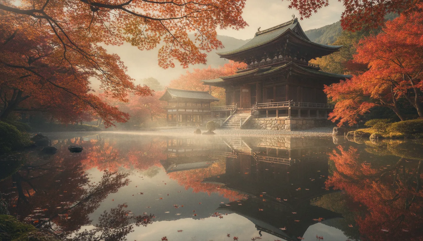 嵐山の秋寺：霧の中の紅葉