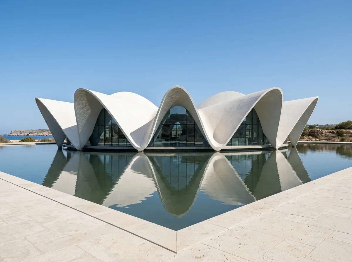 Waterfront Shell Structure Like Water Lilies: Multi-Petal White Roof
