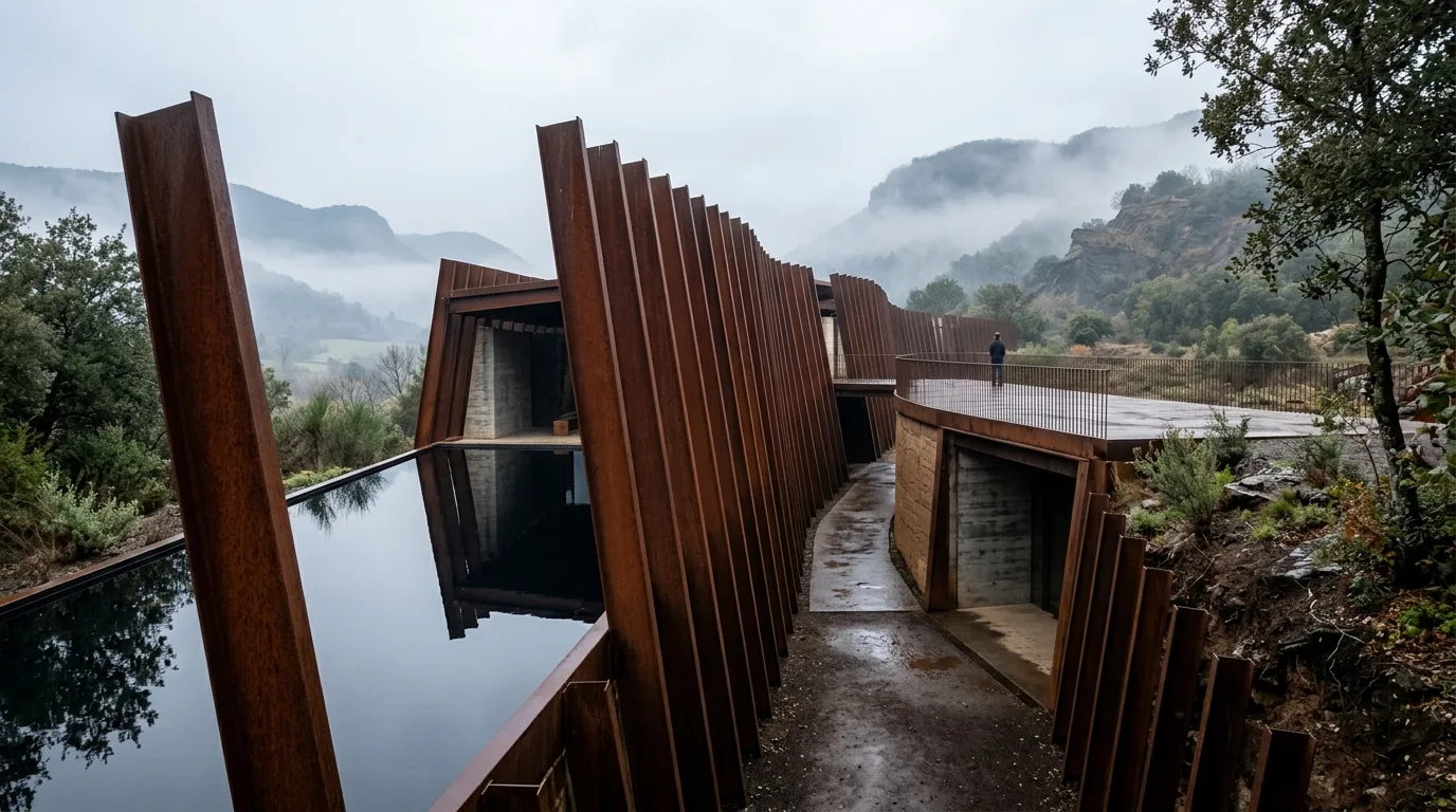 地质性地景展亭：耐候钢肋与水院