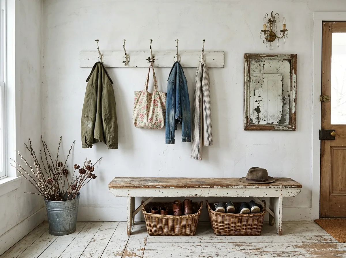 Shabby Chic · Entryway: Hooks, Bench, and Baskets