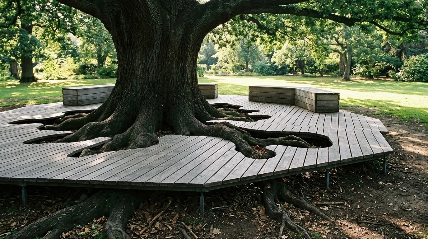 Seating Under Old Trees: A Raised Wooden Platform That Gives Way to Roots
