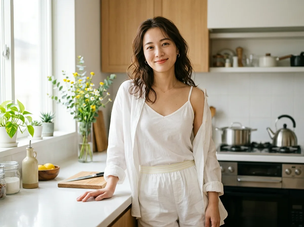 モダンキッチン・ポートレート：窓辺の光と生活感あふれるカウンタートップ