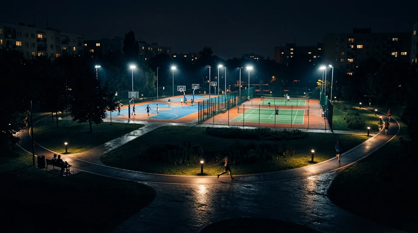 夜のスポーツパーク：灯りの下の活動アイランド