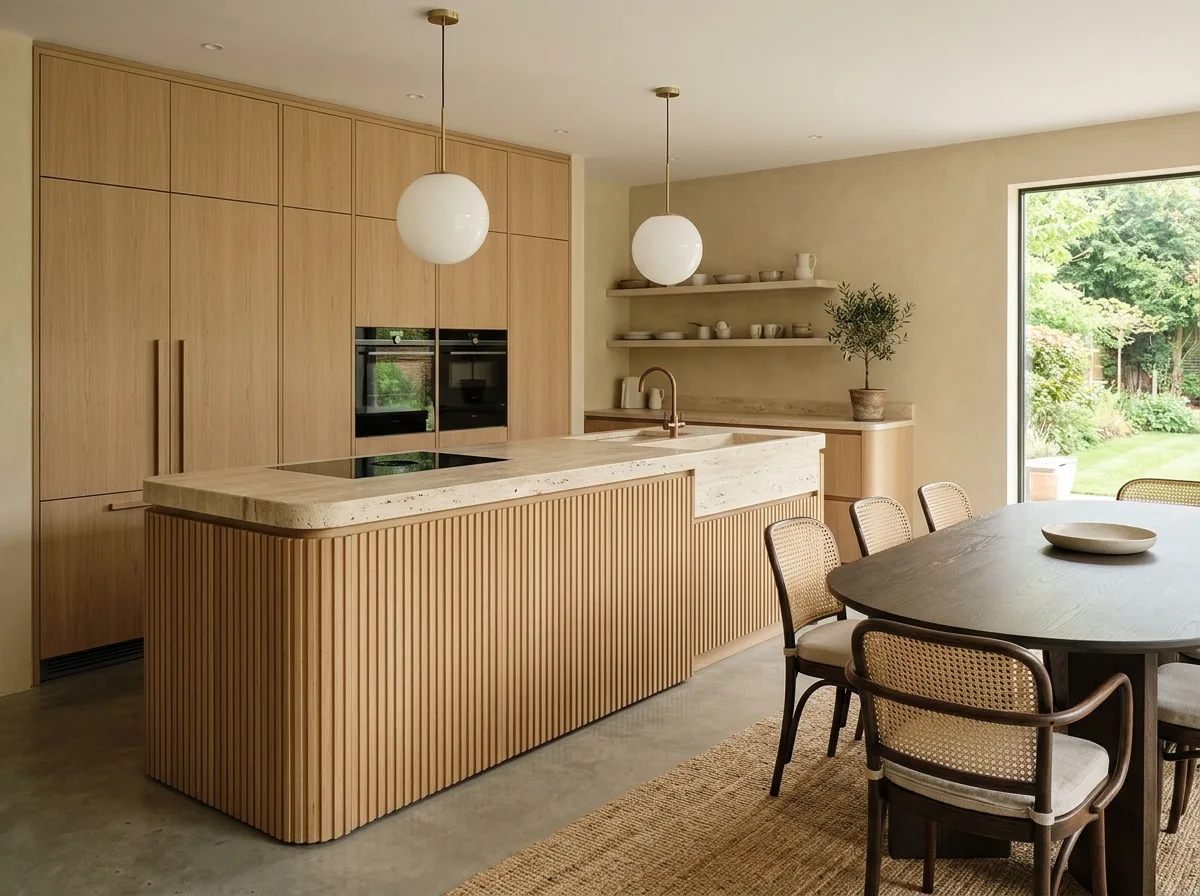 Contemporary Light Luxury - Kitchen & Dining: Grooved Island and Spherical Lights