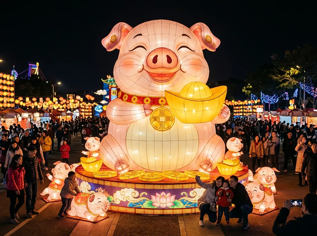 Year of the Pig Main Lanterns・Cartoon Style: Squinting Fat Pig and Gold Ingots