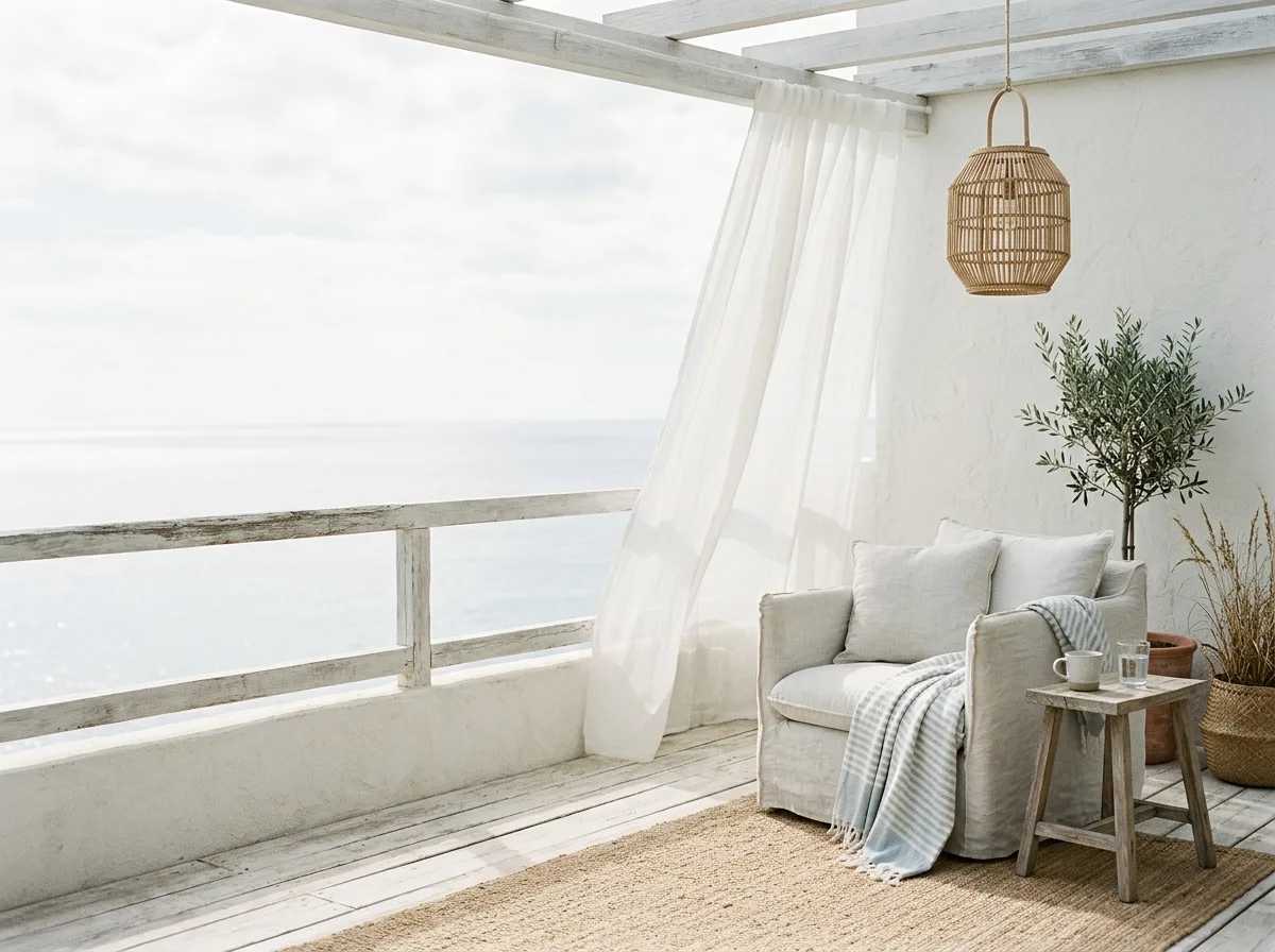 Coastal Breeze Balcony: White Wood Railing & Linen Awning