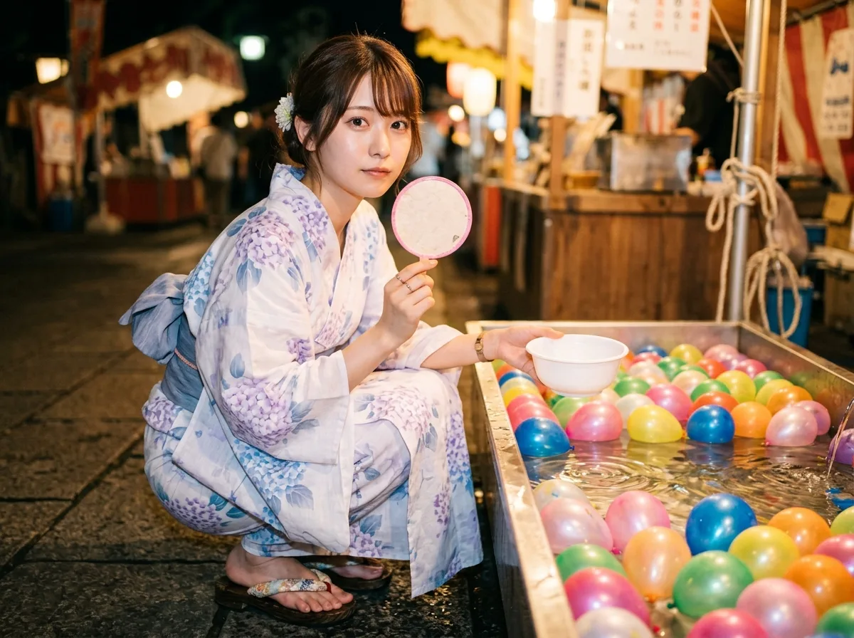 夏祭り金魚すくい・しゃがむ姿勢とカラフルな水槽