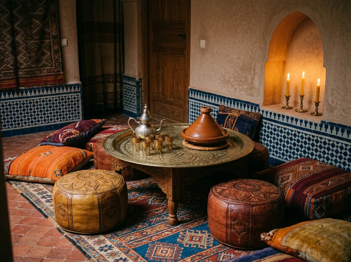 Moroccan Dining Area: Low Copper Platters and Cushions