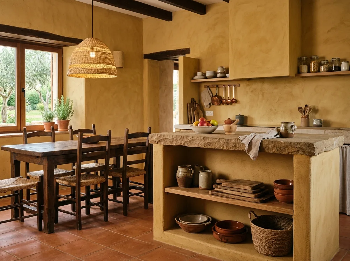 Earthy warmth • Dining/Kitchen: masonry countertops and coarse pottery