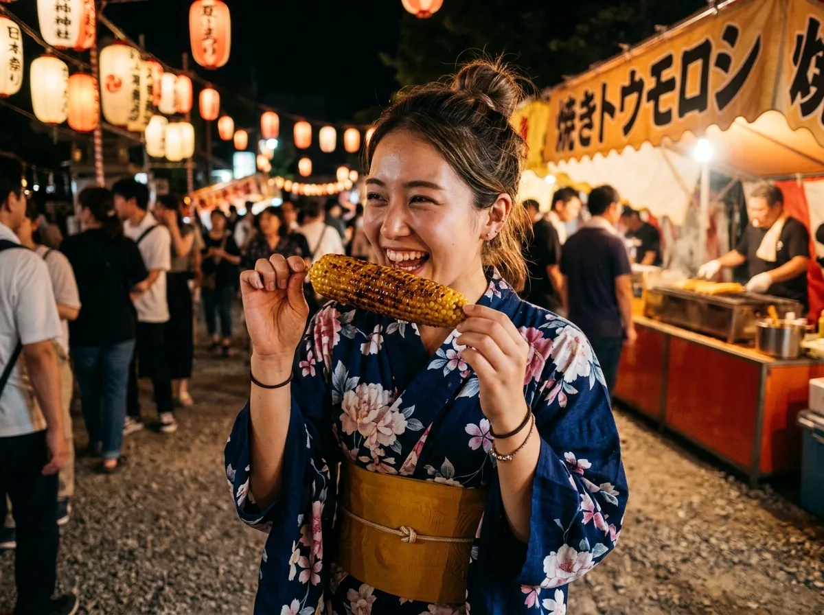 夏祭り・浴衣と焼きとうもろこし、スナップショット