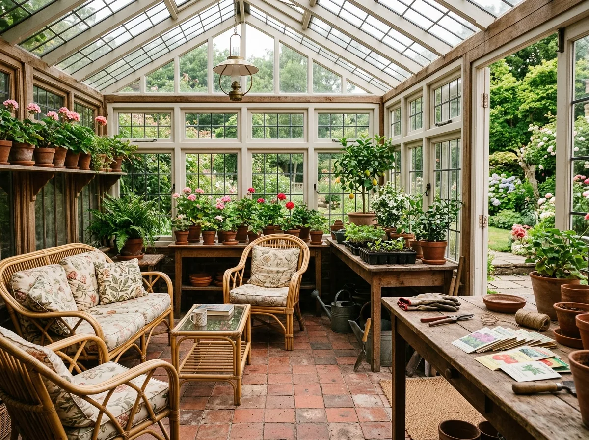 English・Garden Room: Rattan Chairs and a Wall of Windows