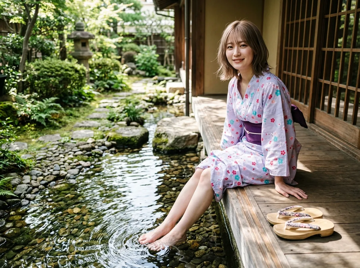 Veranda Waterway Foot Soak: Top-Down Portrait of Yukata and Dappled Sunlight