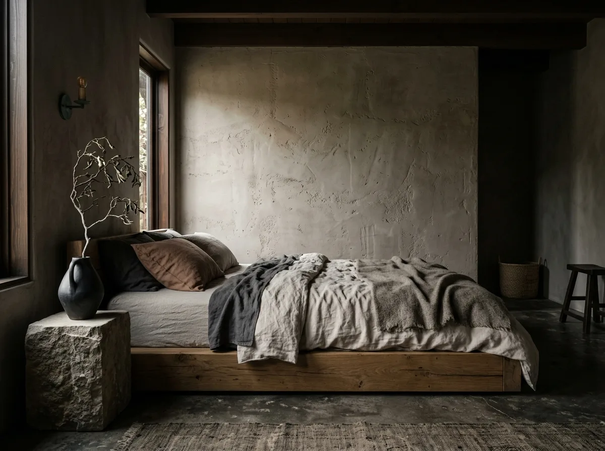 Wabi-Sabi Master Bedroom: Earthen Wall Headboard, Low Platform Bed, and Linen Bedding