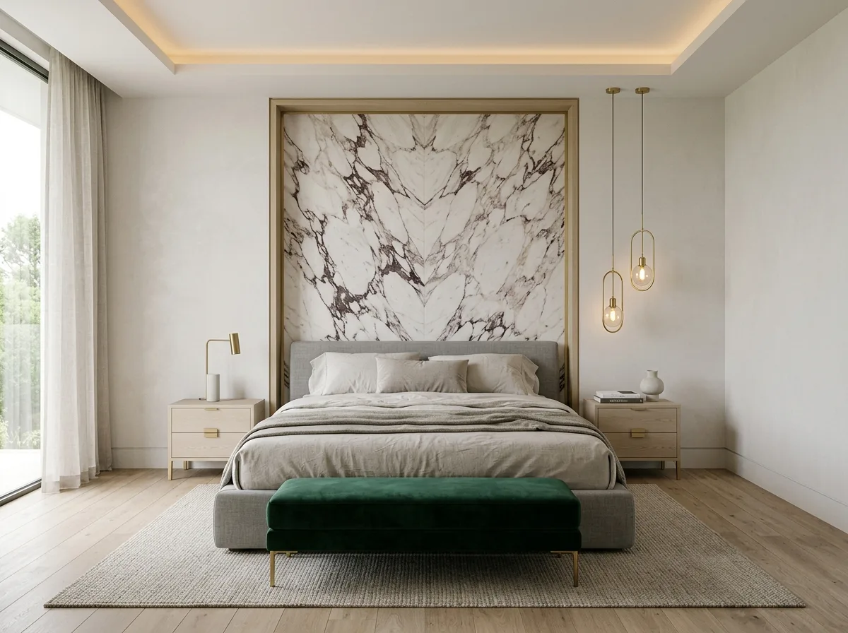 Light Luxury Master Bedroom: Marble Headboard Wall with Brass Accents