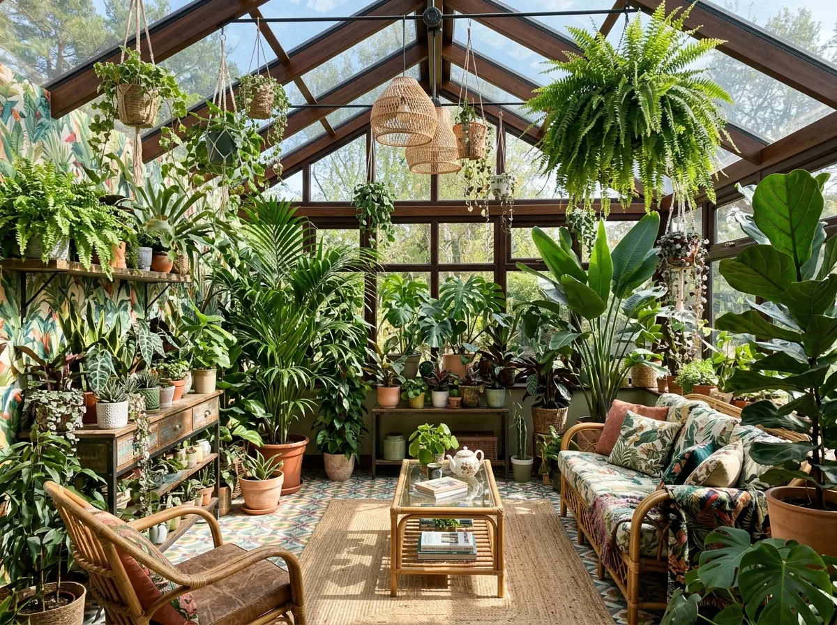 マキシマリストのサンルーム：植物、籐、パターン