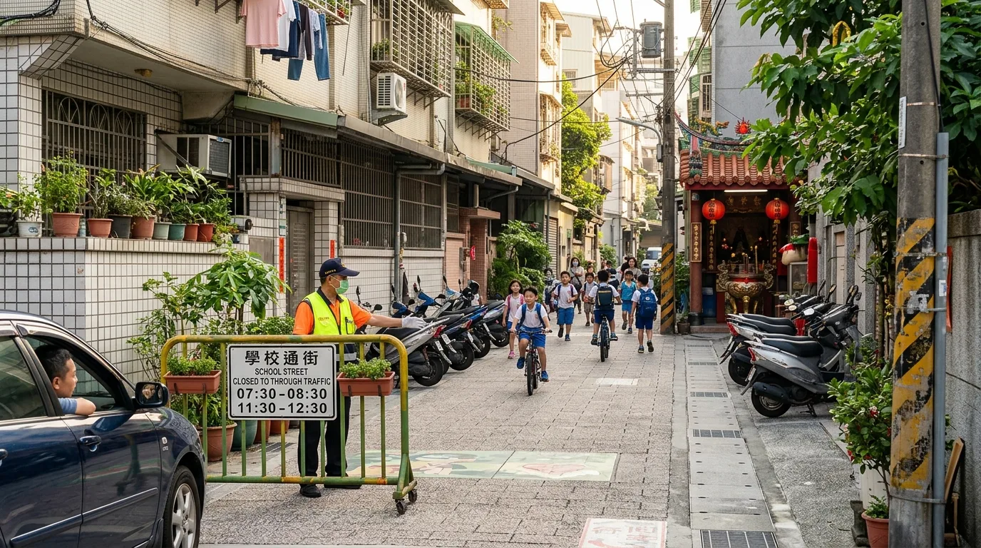 通学巷限时人车分流：上下学的封闭时段