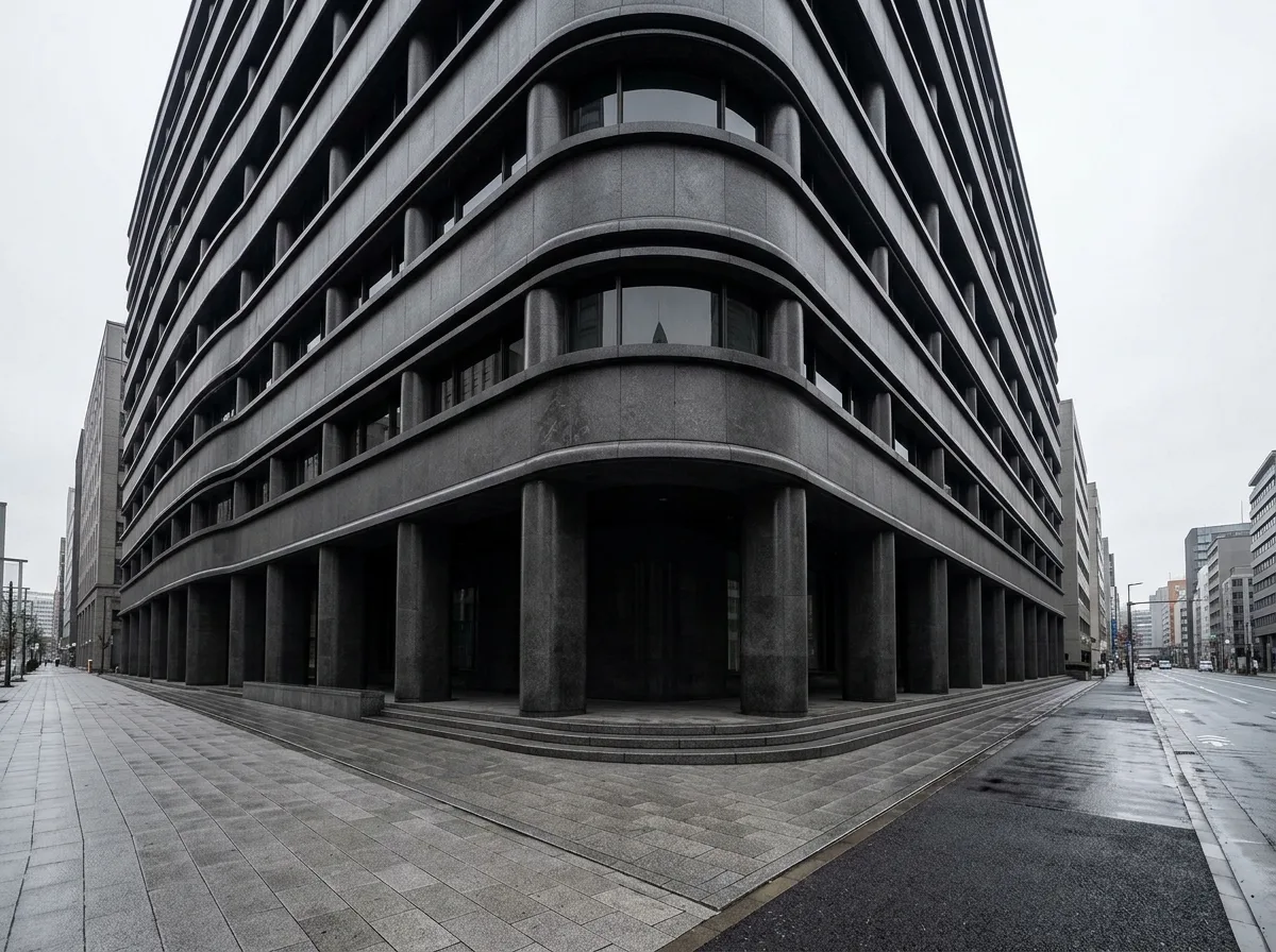 Curved Stone Facade Bank: Softened Volume Corners