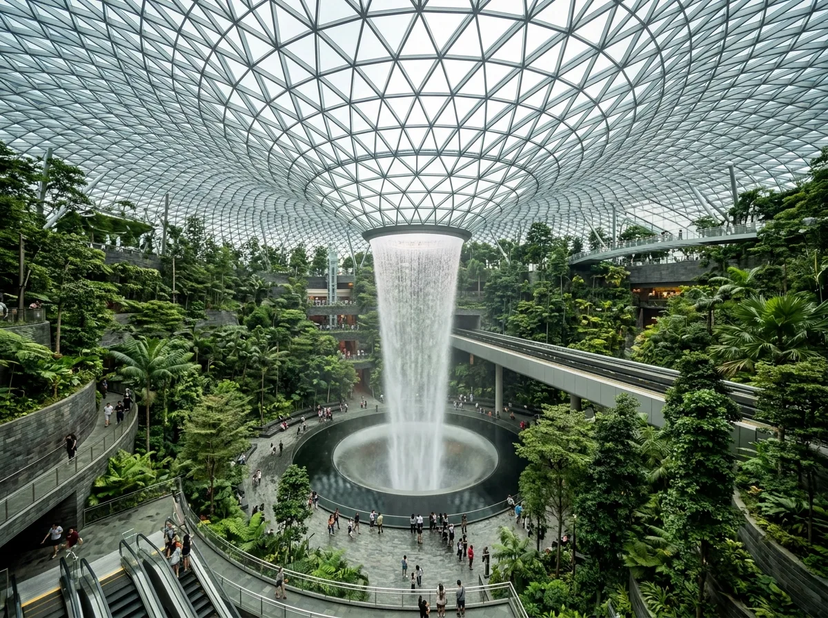 Indoor Landscape: Waterfalls, Rainforests, and Glass Roofs