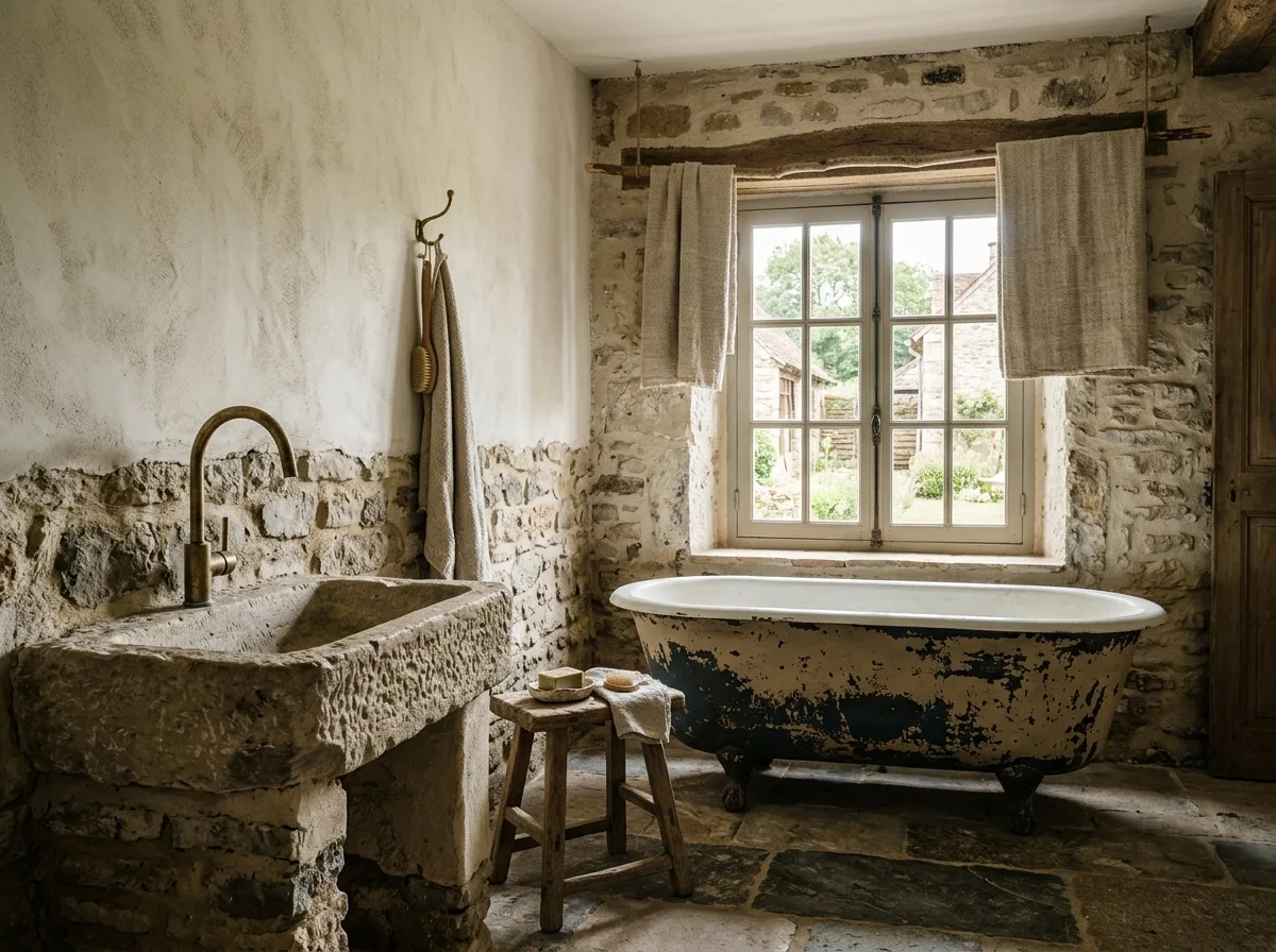 European Farmhouse Bathroom: Stone Trough and Cast Iron Tub
