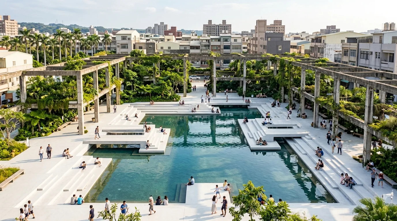 Urban Lagoon from Ruin Transformation: Stepped White Platforms and Shallow Water Reflections