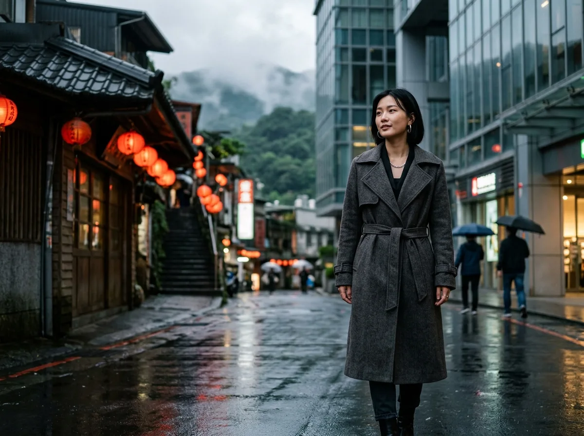 Short Hair Trench Coat x Post-Rain Jiufen, Taipei: Brick Eaves and Reflective Asphalt