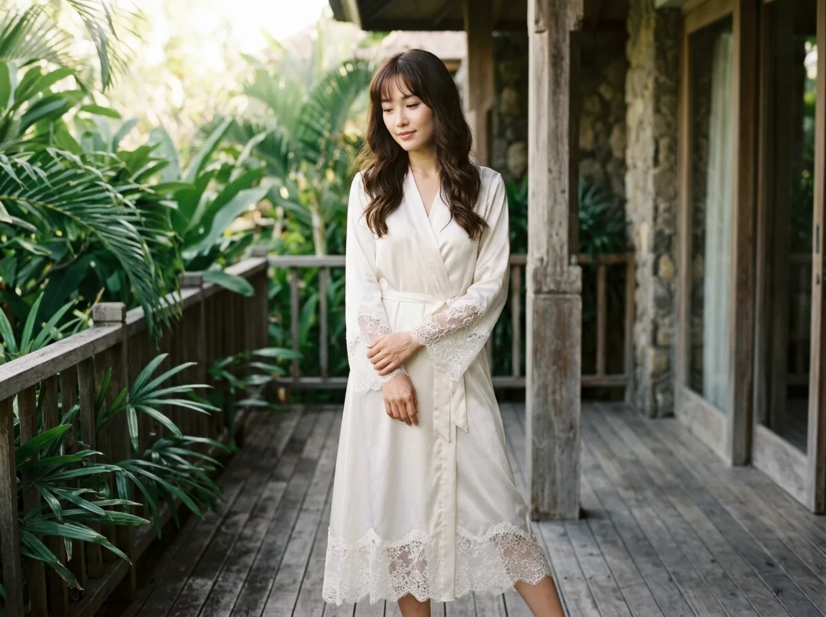 Silk robe under green shade • Pearl light among tree shadows