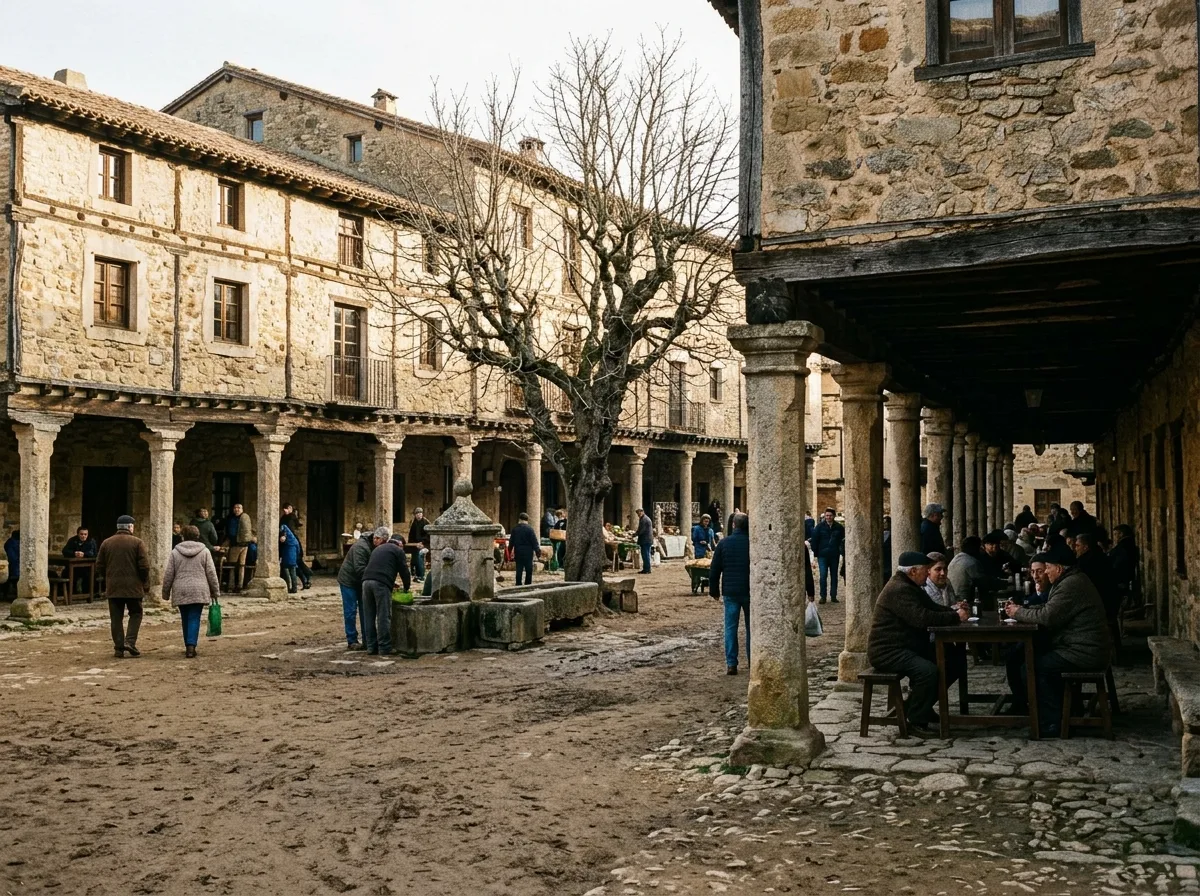 スペインの地域・カスティーリャの広場：石柱の列柱と土の床