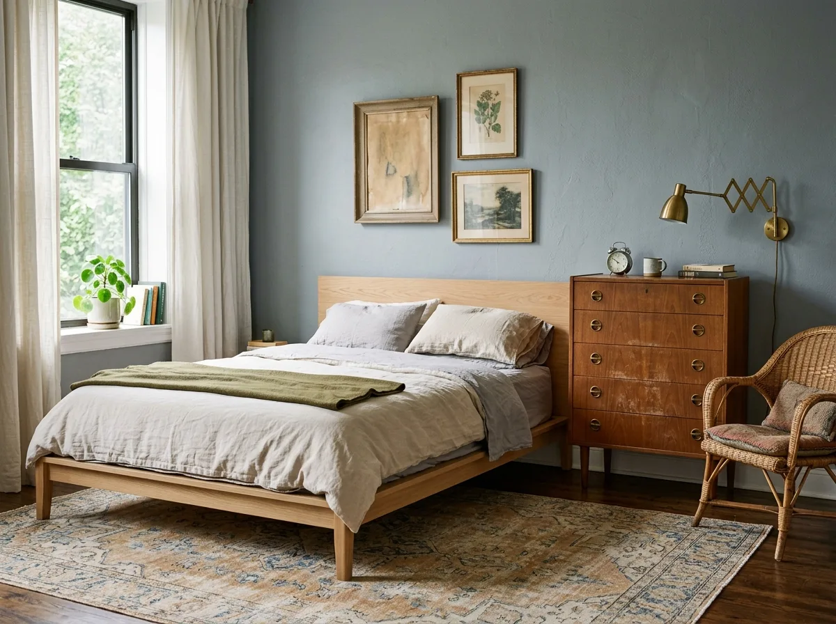 Vintage Mix Bedroom: Old Cabinet, New Bed, and Vintage Rug