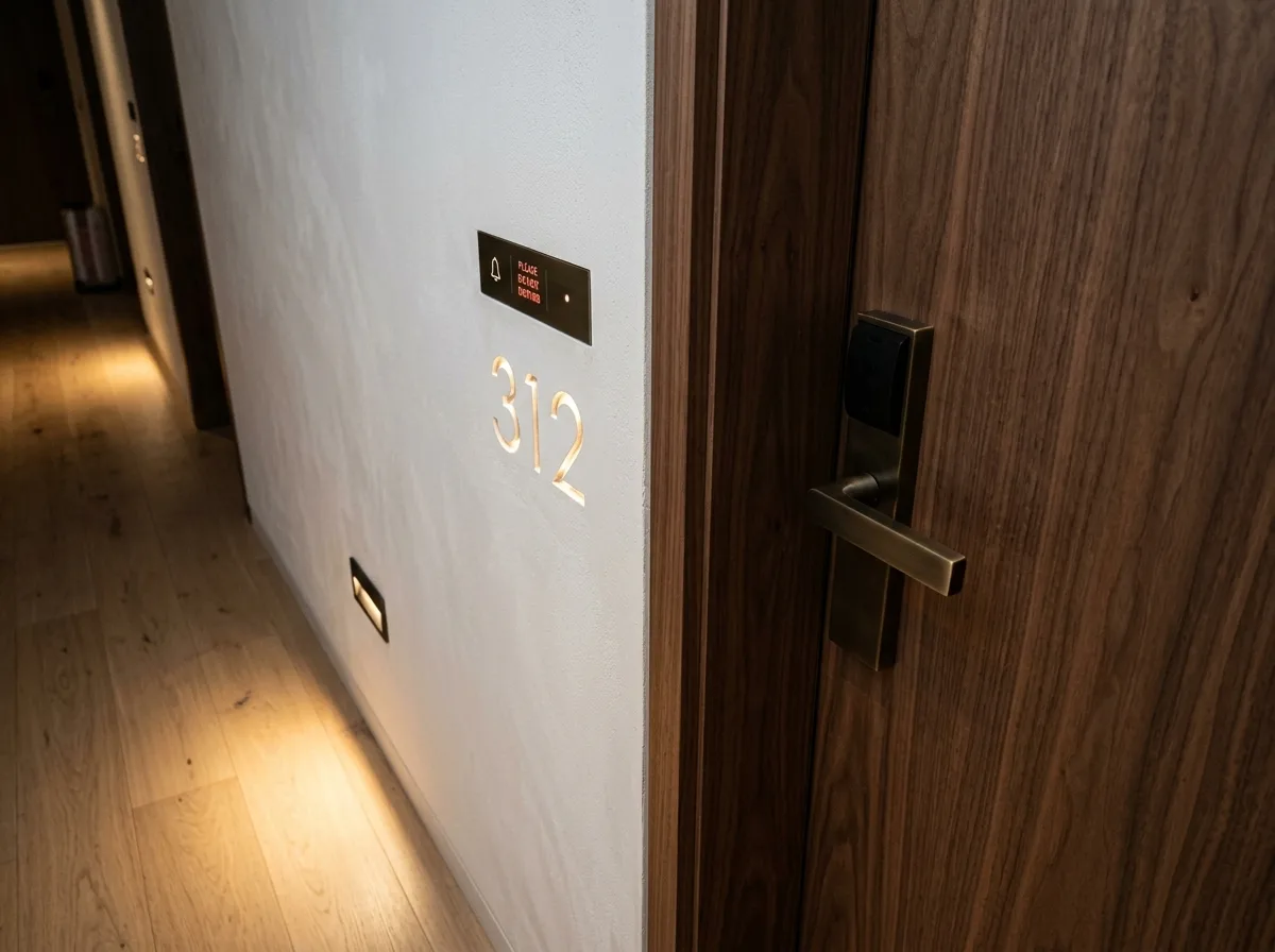 廊下のドアのリズム：部屋番号、ドアノブ、そしてわずかな光