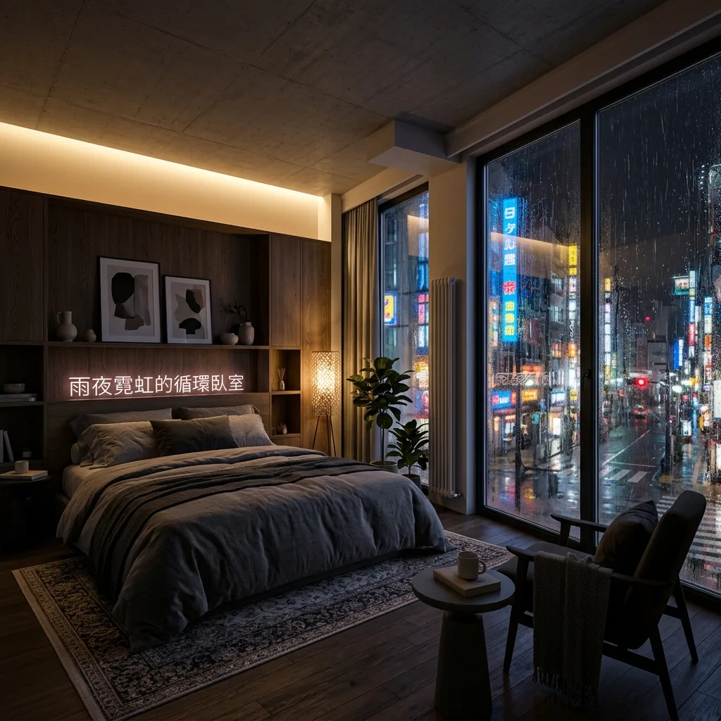 雨の夜のネオンが巡る寝室