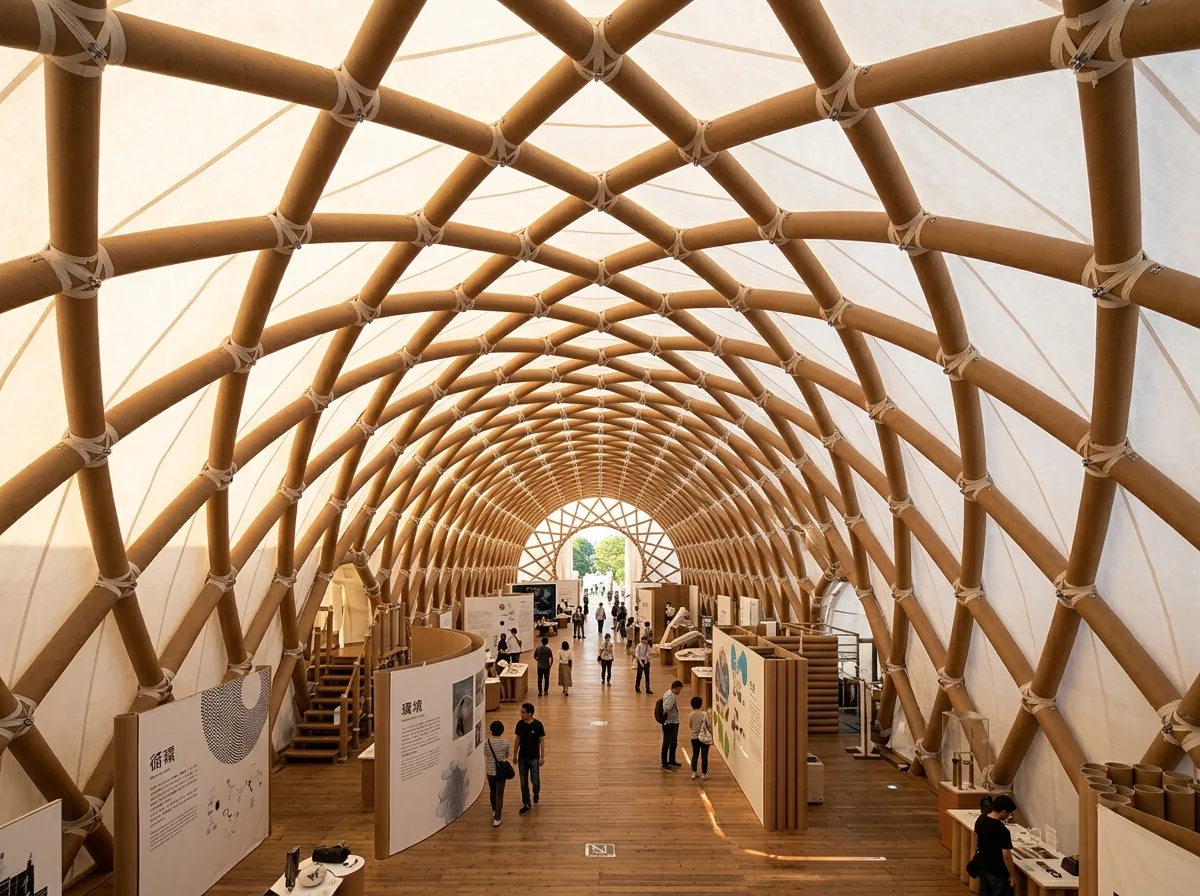 Exhibition Hall Interior with Paper Tube Grid Shell: Exposed Joints and Column-Free Space