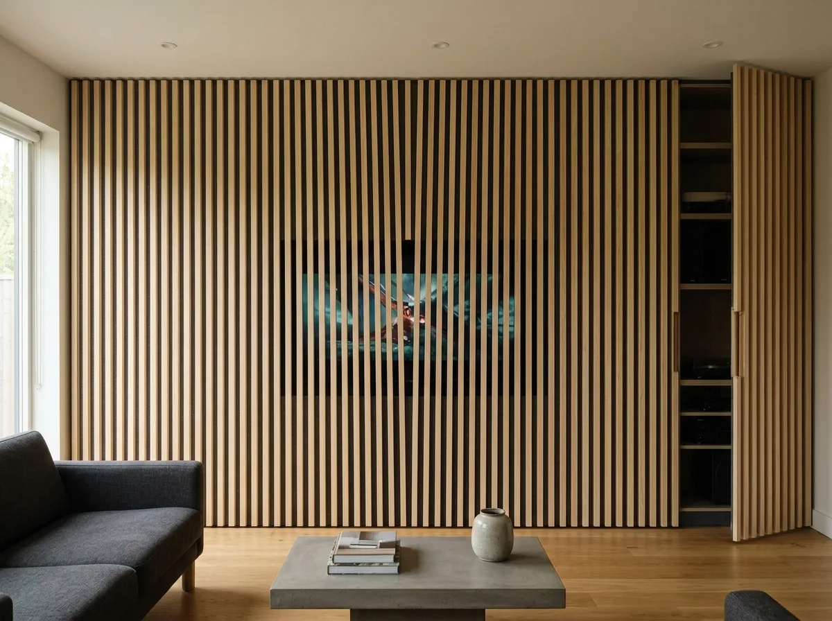 Screen Behind Grille: Television Hidden Among Wooden Slats