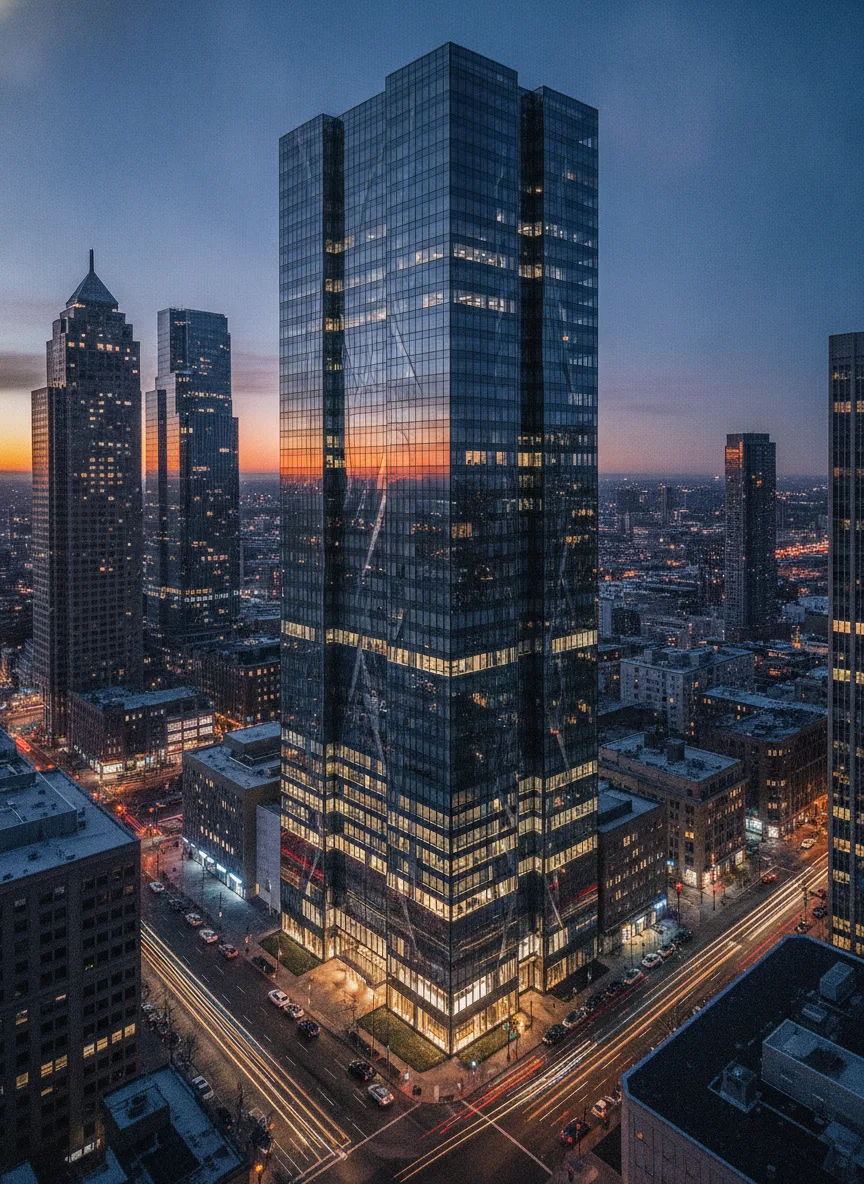 Glass Curtain Wall Office Building · City Night View