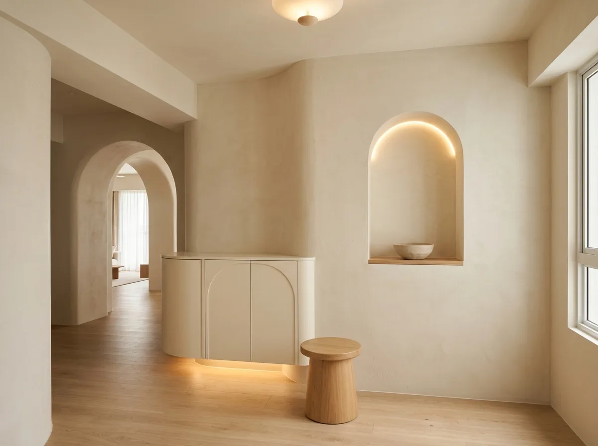 French Butter・Entryway: An arch and a round stool