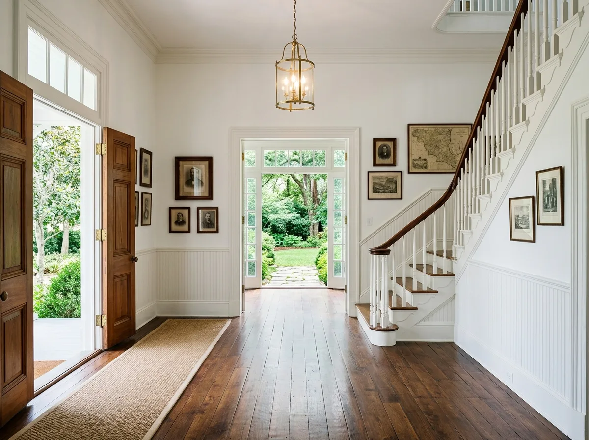Southern Plantation Interior: Hallway, Staircase, and High Windows