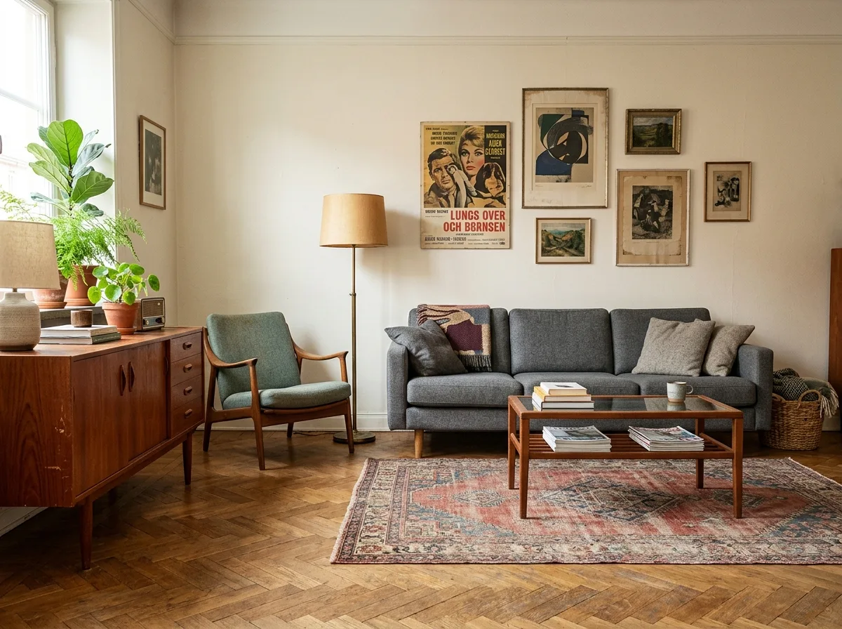 Vintage Mix Living Room: Teak Vintage Pieces and Modern Sofa