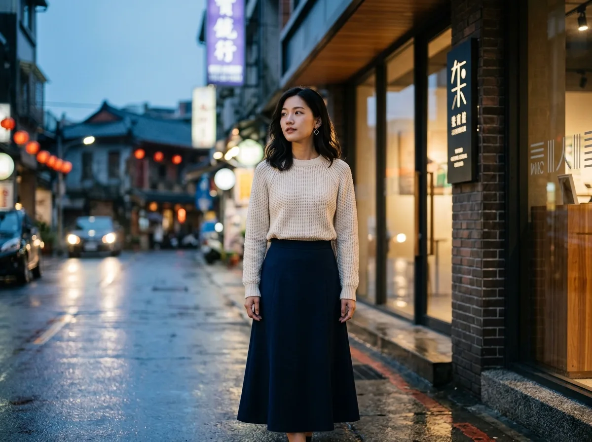 奶油针织 x 蓝色长裙：玻璃砖造文化建筑旁的暮色
