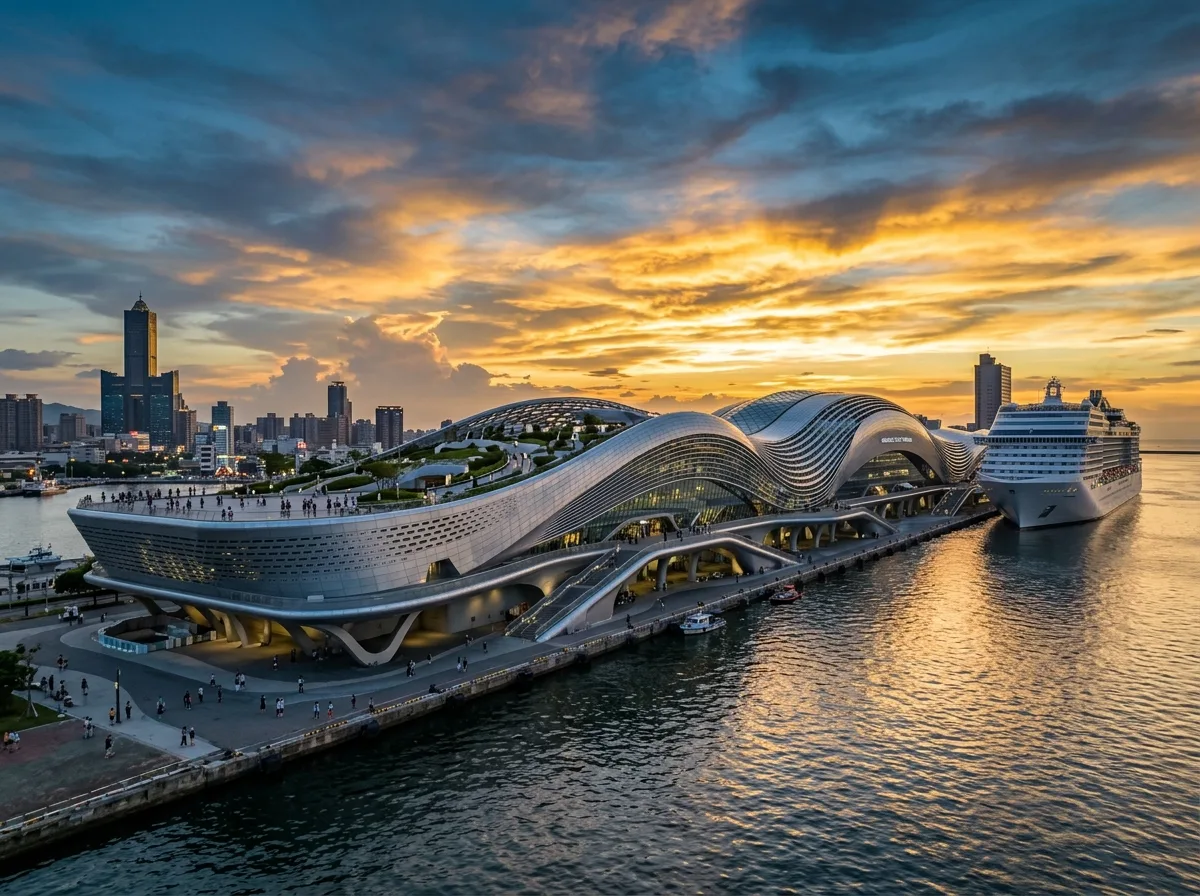 铝板波浪的港口体量：巨轮意象与夕阳金属曲面
