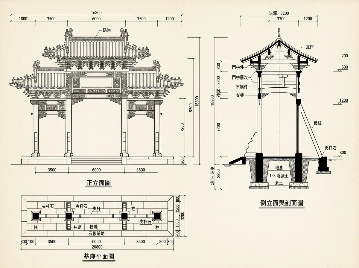 Survey drawing style: Front elevation and section juxtaposed